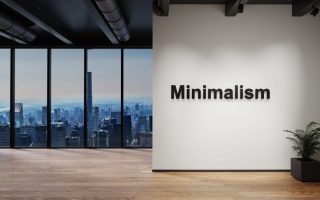modern luxury loft with skyline view, wall with minimalism lettering.