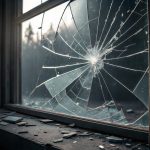 Broken glass on a window in a dark room with a view of the forest.