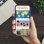 Woman using smartphone with travel app