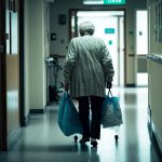 elderly patient walking along hospital corridor with bag in hands