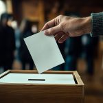 A hand casting a vote in a ballot box