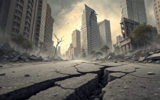 A city falling apart during an earthquake