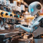 An AI robot workin at a coffee shop