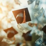 A collection of graduation caps and money, symbolizing high tuition