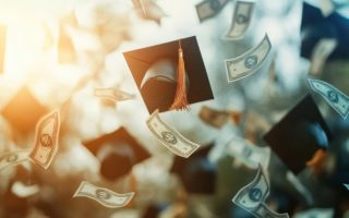 A collection of graduation caps and money, symbolizing high tuition