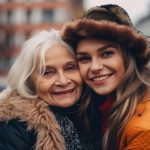 A young woman smiling with her grandmother