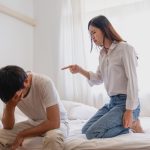 A woman arguing with her husband who is cheating with a mistress