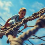 A young boy enjoying his childhood on a rope set