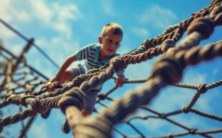 A young boy enjoying his childhood on a rope set