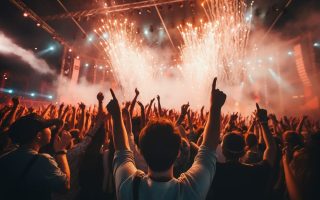 A large crowd listening to music at a summer festival