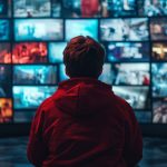 A man sitting in front of many televisions, watching streaming shows