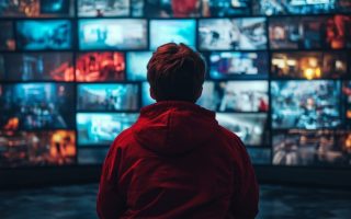 A man sitting in front of many televisions, watching streaming shows