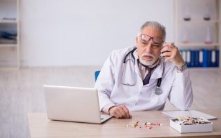 A doctor with a bunch of pills on his desk